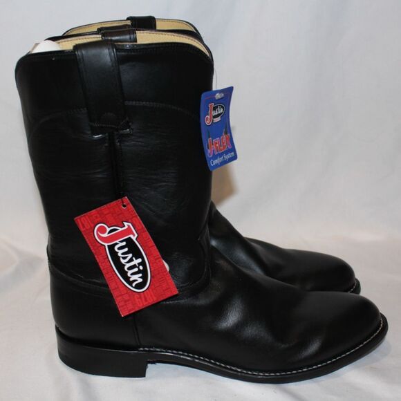 JUSTIN MEN'S JACKSON ROPER LEATHER COWBOY BOOTS BLACK SZ 10.5 E WIDE NWT - Picture 1 of 6